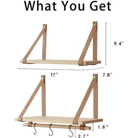 Wall Wood Floating Shelves, PU Leather Strap Storage Shelves, Set of 2 - Picture 5 of 7